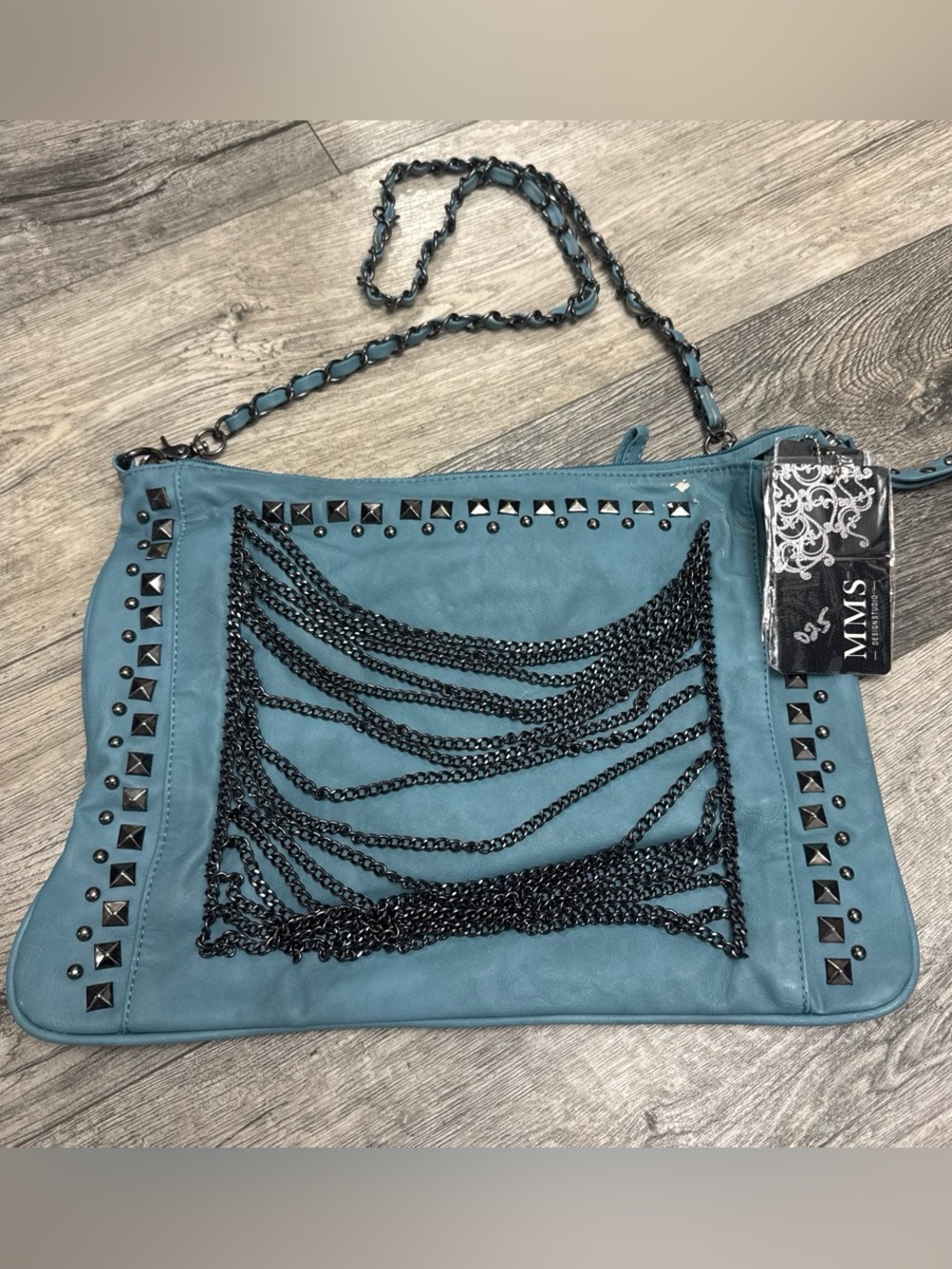 MMS Design Studio Teal Crossbody with Black Chain & Stud Detail
